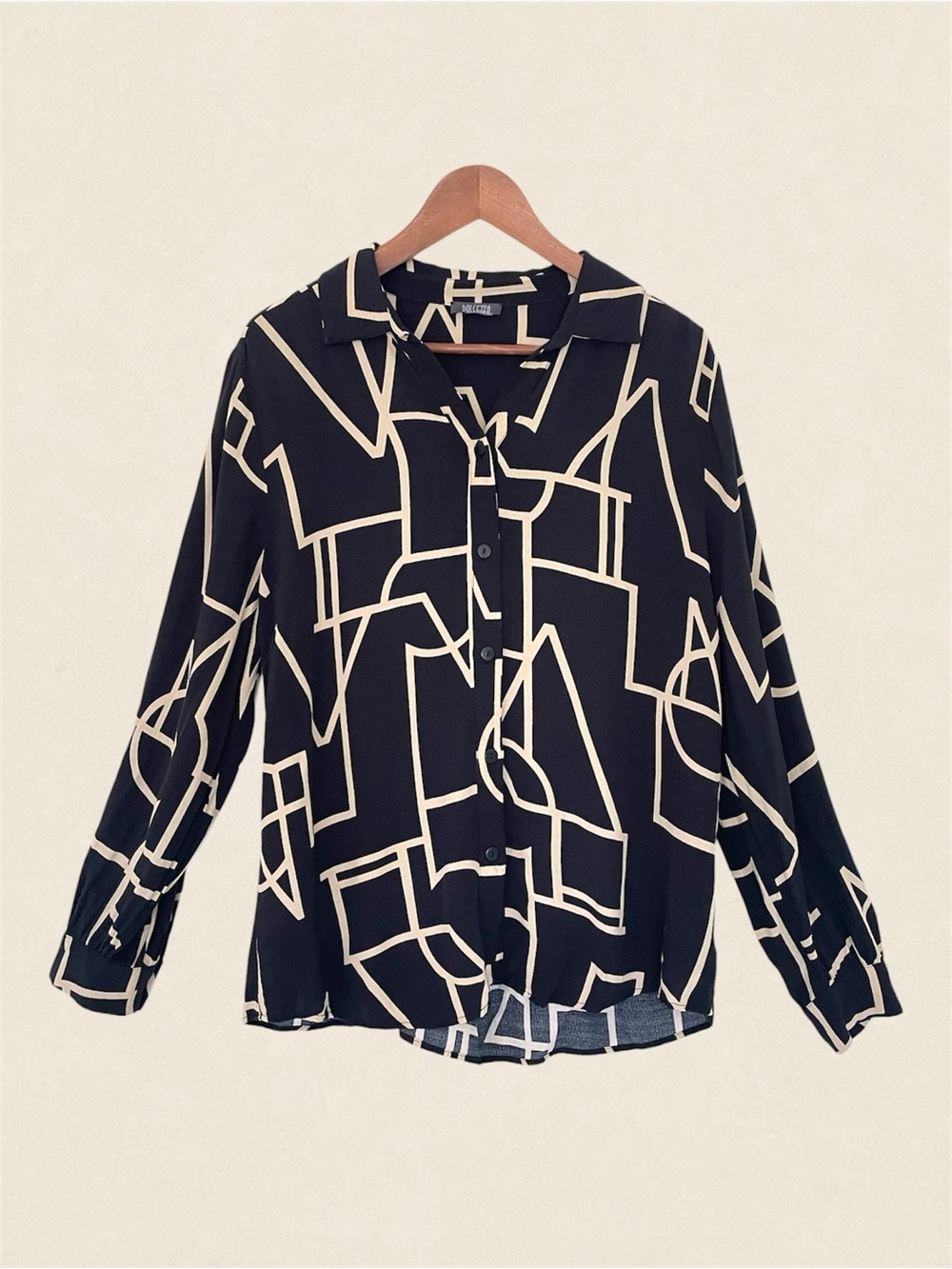 Dolcezza Button Front Blouse Abstract Print Large Black Beige Long Sleeve Artsy